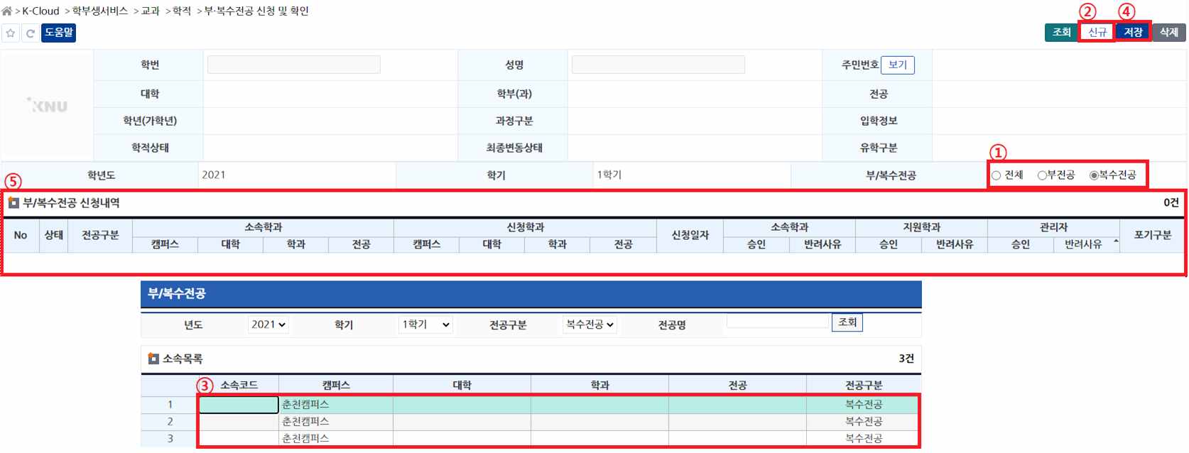 K-Cloud 부·복수전공 신청 화면 — ① 전공 구분 선택, ② 신규, ③ 학과 선택, ④ 저장, ⑤ 신청내역